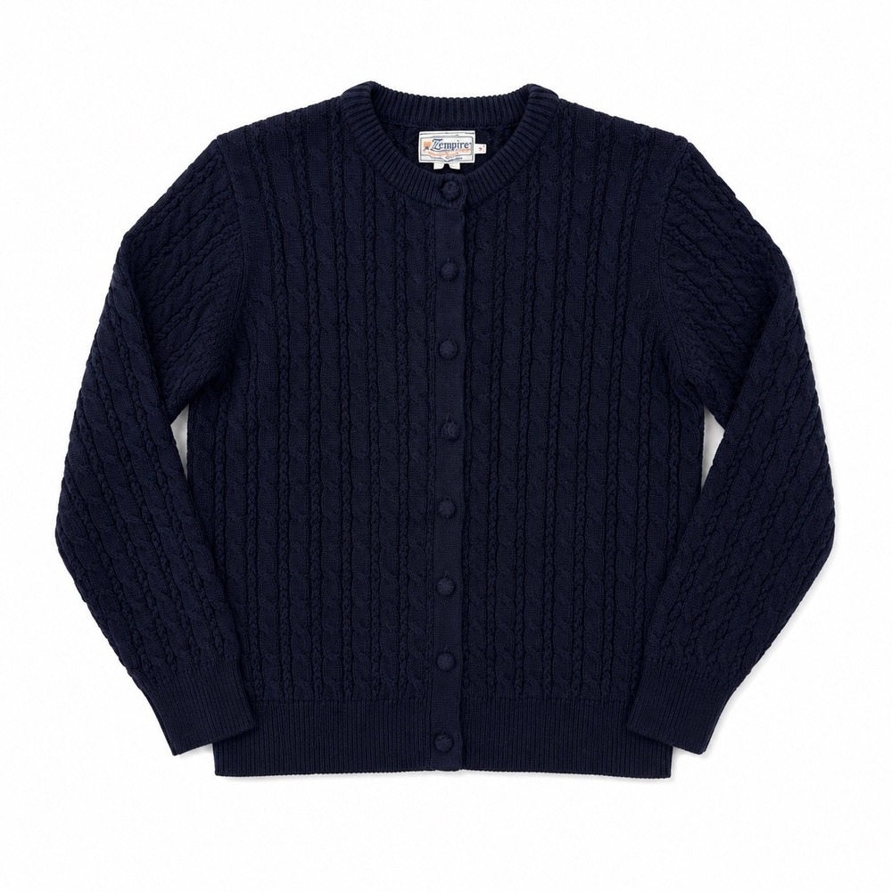 Vintage Navy Cable Knit Cardigan Sweater Womens L Classic Preppy Fisherman